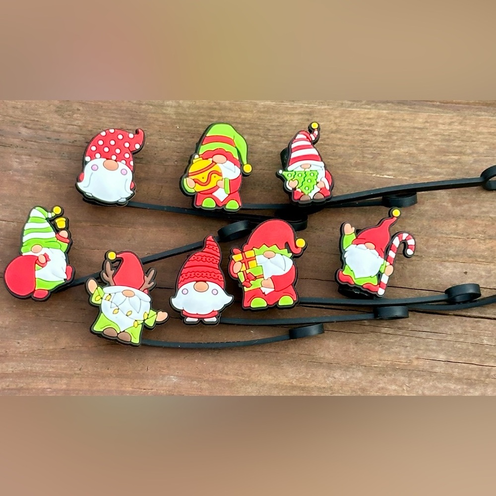 NEW Set of 8 Christmas Gnome Straw Toppers - Silicone